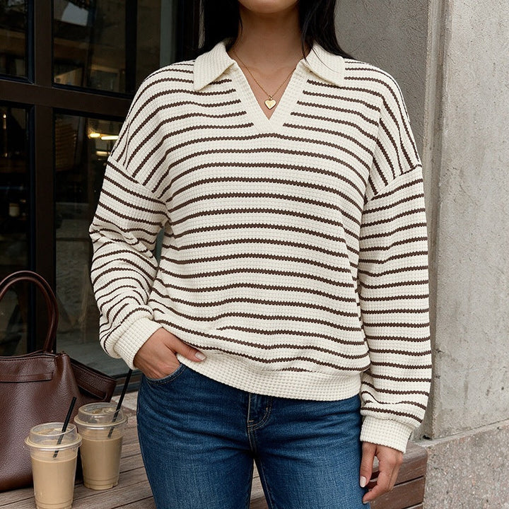 Women's Striped Waffle Knit Sweater with Shirt Collar and V-Neck Mune Fashion