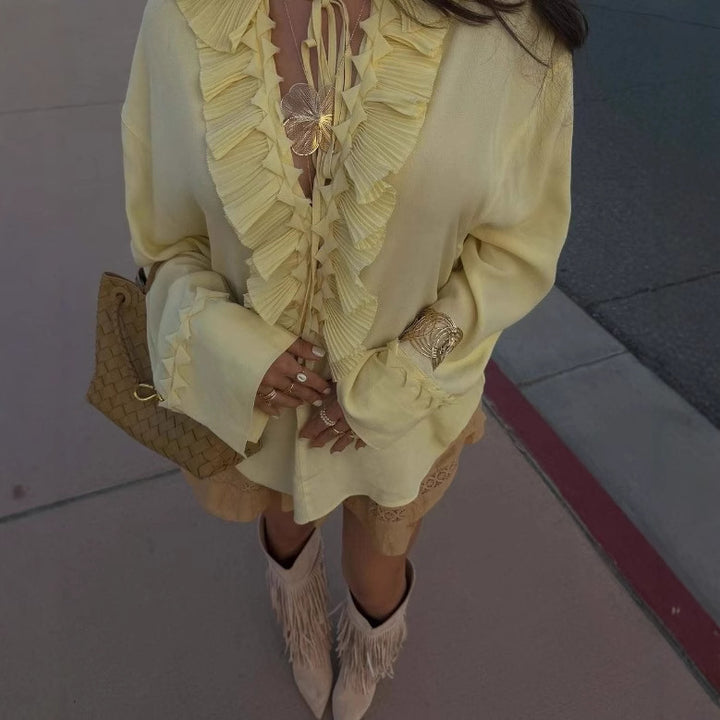 Ladies 30+ romantic blouse with pleated ruffle, tie band and wide sleeves Mune Fashion