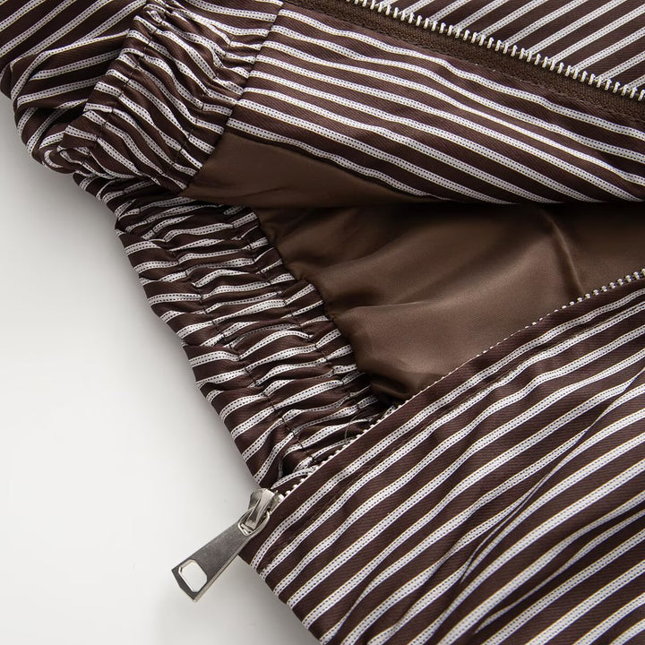 Women's Lightweight Striped Blouson Jacket with Zipper, Shirt Collar and Elastic Hem Mune Fashion