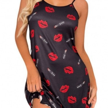 Ladies Nightdress with Lip and Lipstick Pattern Mune Fashion