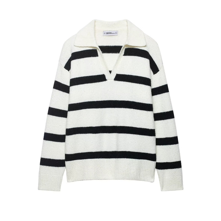 Women Striped Oversized Sweater with Polo Collar and Deep V-Neck Mune Fashion