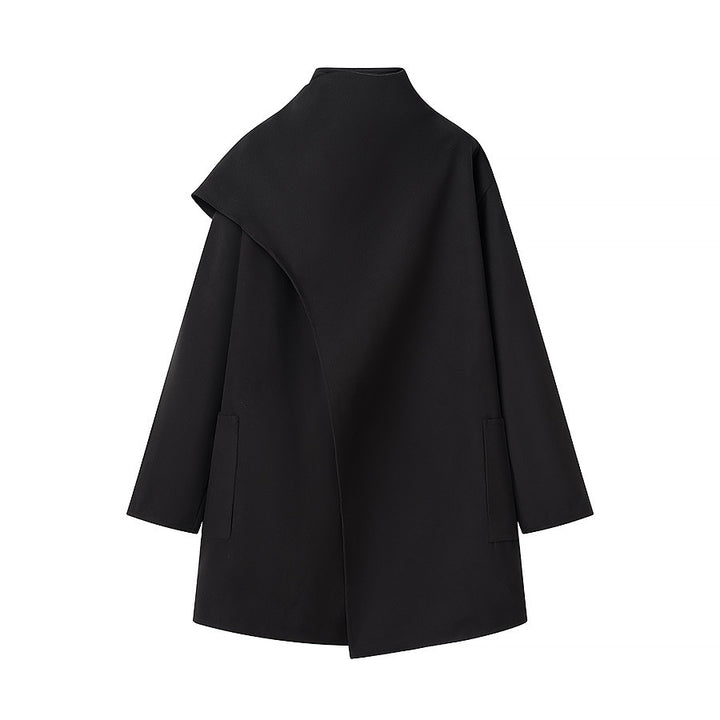 Women Asymmetrical Wool Blend Coat with Cape Overlay and Stand Collar Mune Fashion