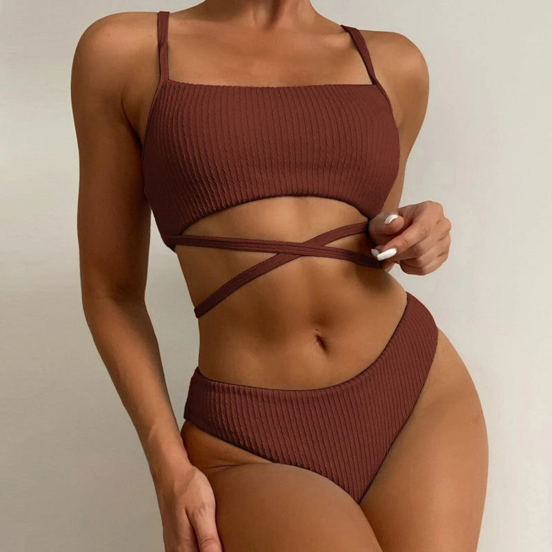 Ladies High-Cut Rib Bikini with Cross Details Mune Fashion