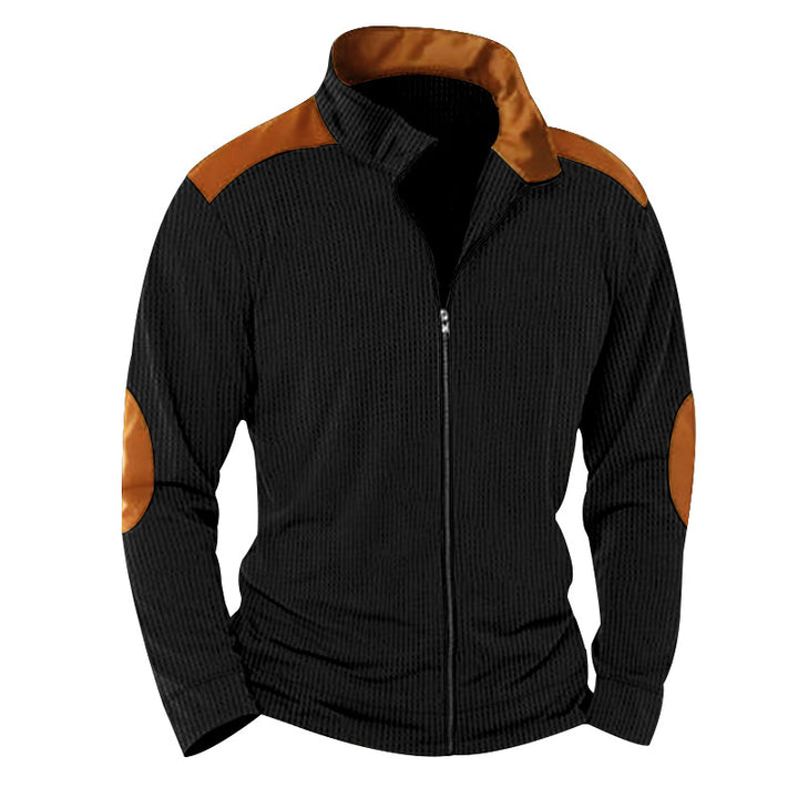 Men's knitted hybrid jacket with stand-up collar contrasting inserts and elbow patches Mune Fashion