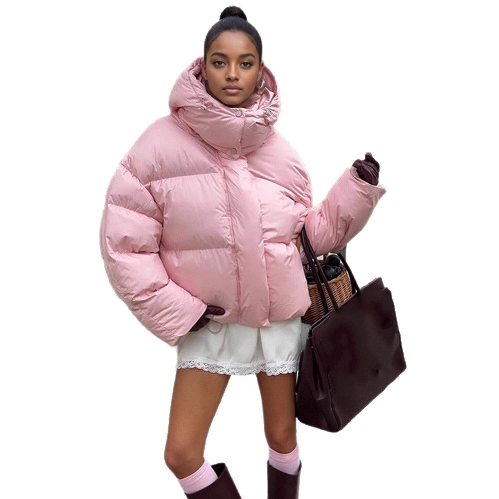 Women's short oversized quilted down jacket with hood and high stand-up collar Mune Fashion
