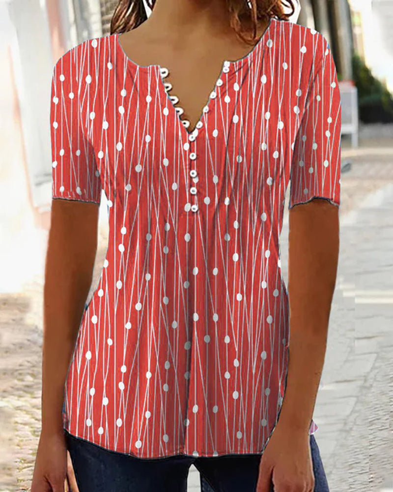 Women's airy V-neck blouse with short sleeves, decorative button placket and graphic dot stripe pattern Mune Fashion