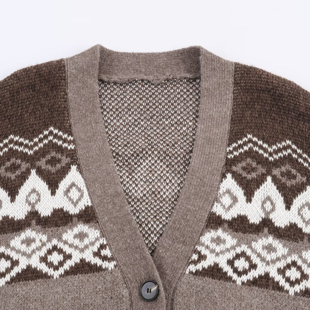 Women's Oversized Knit Cardigan with Jacquard Pattern and V-Neck Mune Fashion
