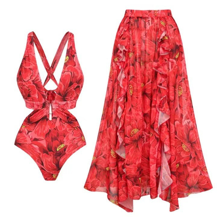 Women's swimsuit with floral accents and matching wrap skirt Mune Fashion