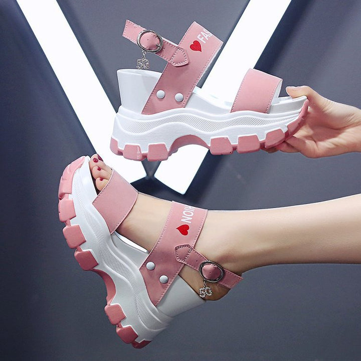 Women’s Platform Sandals with thick profile sole, adjustable ankle strap and decorative pendant Mune Fashion