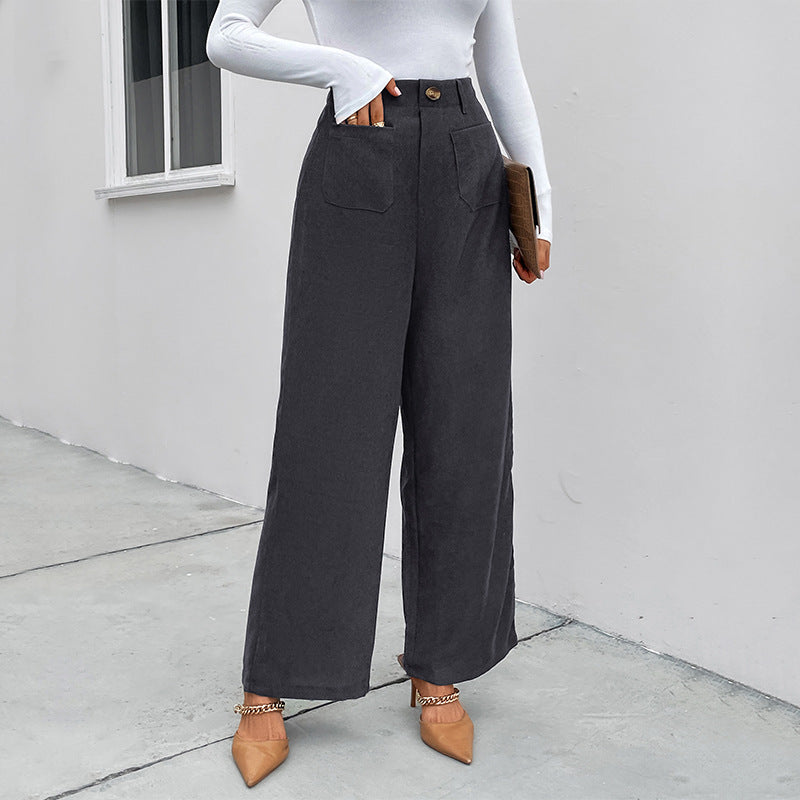 Women's wide corduroy pants with high waist, patch pockets, and wide legs Mune Fashion