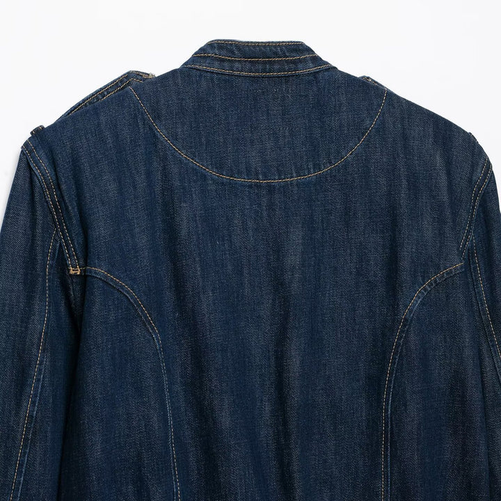 Women's Cropped Denim Field Jacket with Decorative Double Row and Stand-Up Collar Mune Fashion