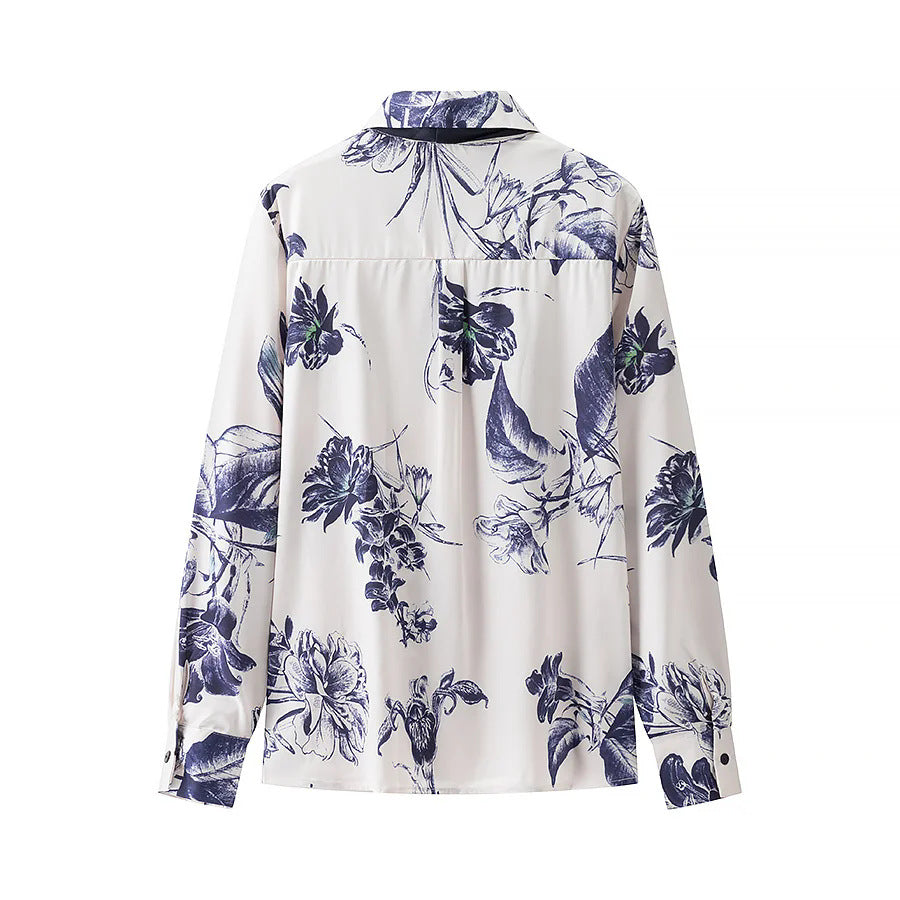Women's satin shirt with bow collar and floral print Mune Fashion