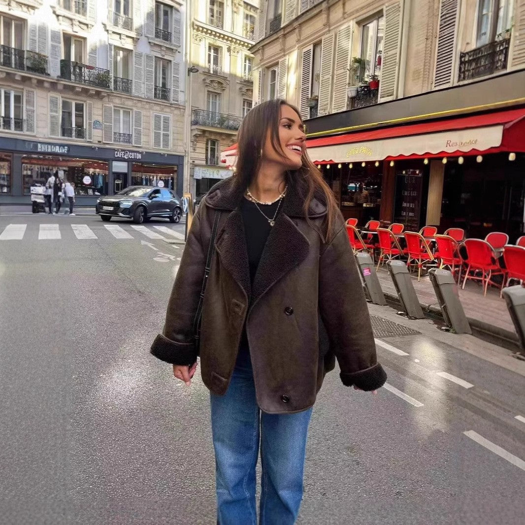 Women Short Cut Faux Sheepskin Bomber with Teddy Lining and Button Closure Mune Fashion