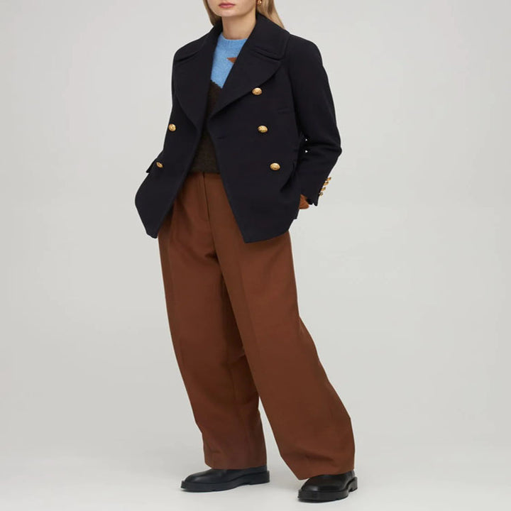 Women's Short Double-Breasted Wool Blend Peacoat with Golden Decorative Round Buttons and Tailored Silhouette Mune Fashion