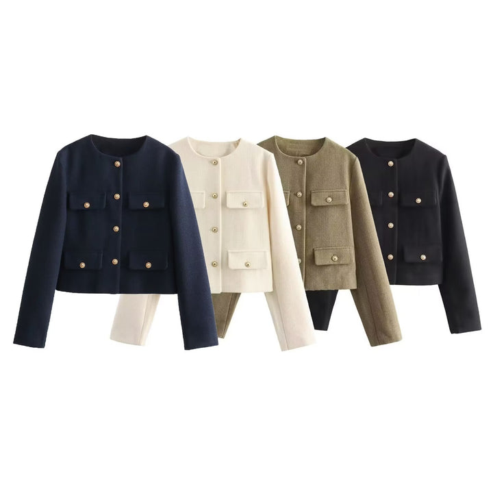 Women's short-cut Bouclé tweed jacket with round neckline decorative button details and attached flap pockets Mune Fashion