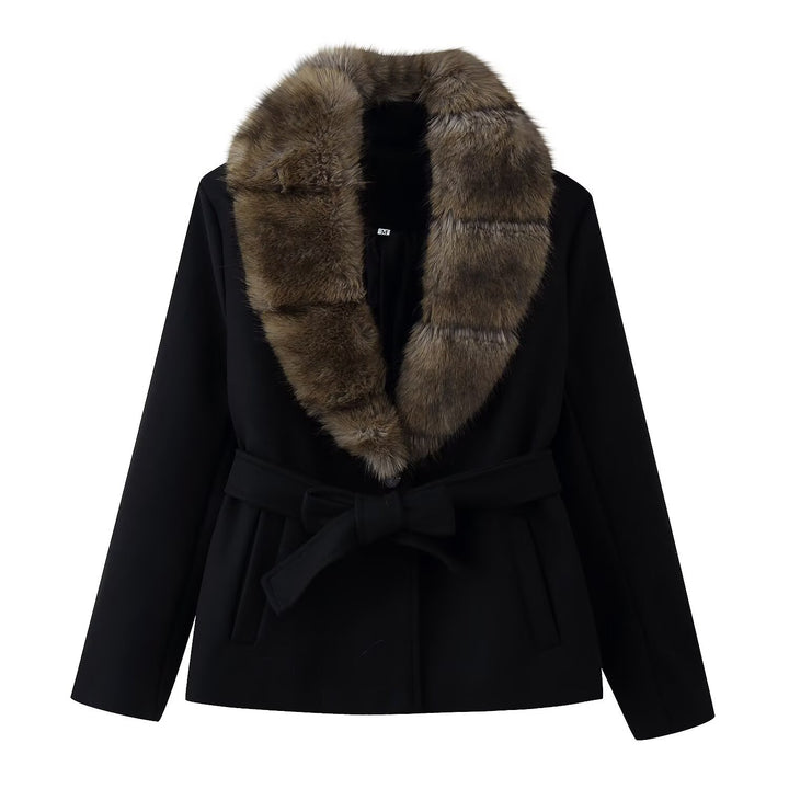Women's Short Wool Blend Coat with Removable Faux Fur Shawl Collar and Waist Belt Mune Fashion