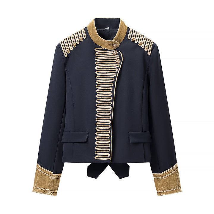 Women's Short Blazer in Marshall Style with Embellished Gold Galloons and Stand Collar Mune Fashion