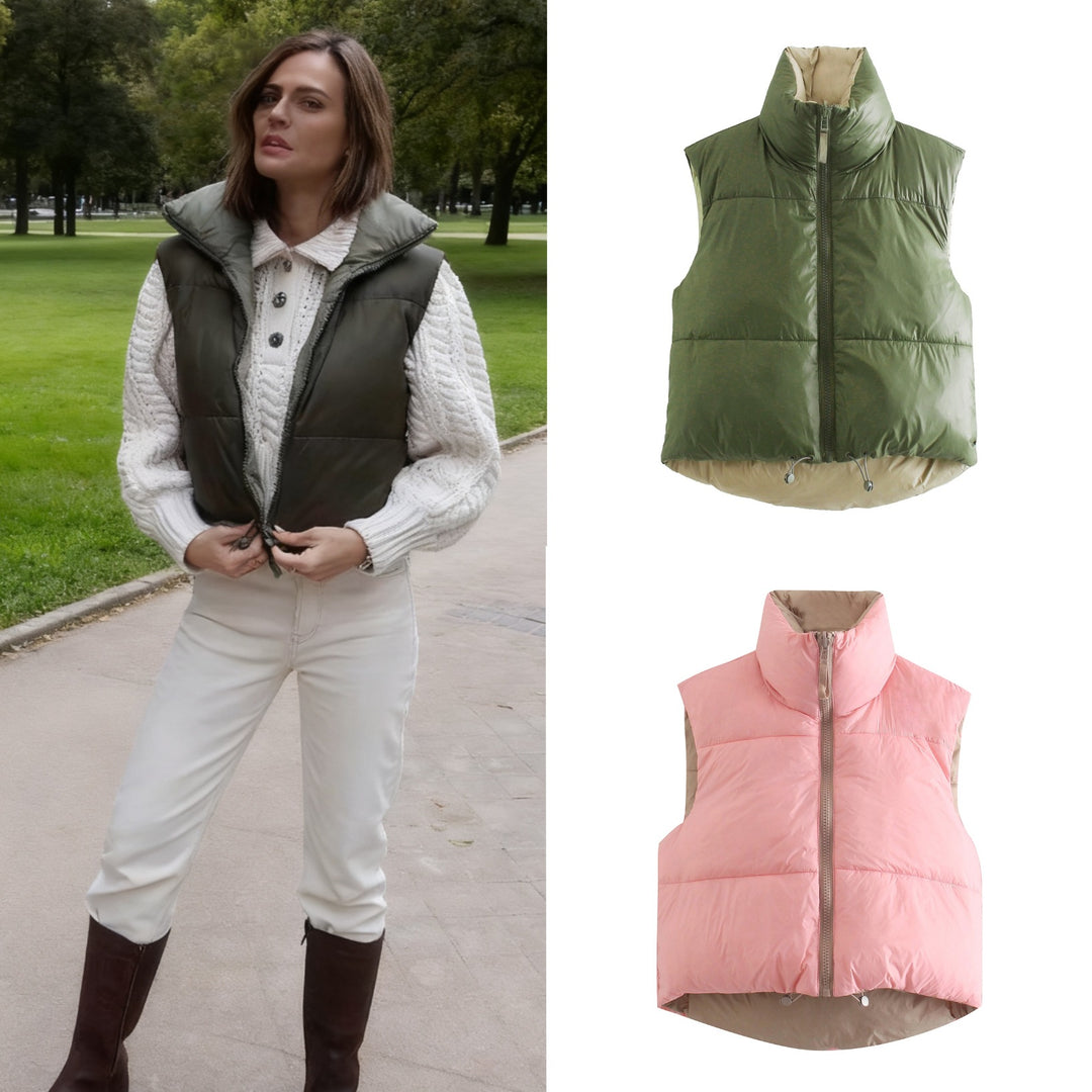 Women's short-cut quilted vest with high stand-up collar and extended back Mune Fashion