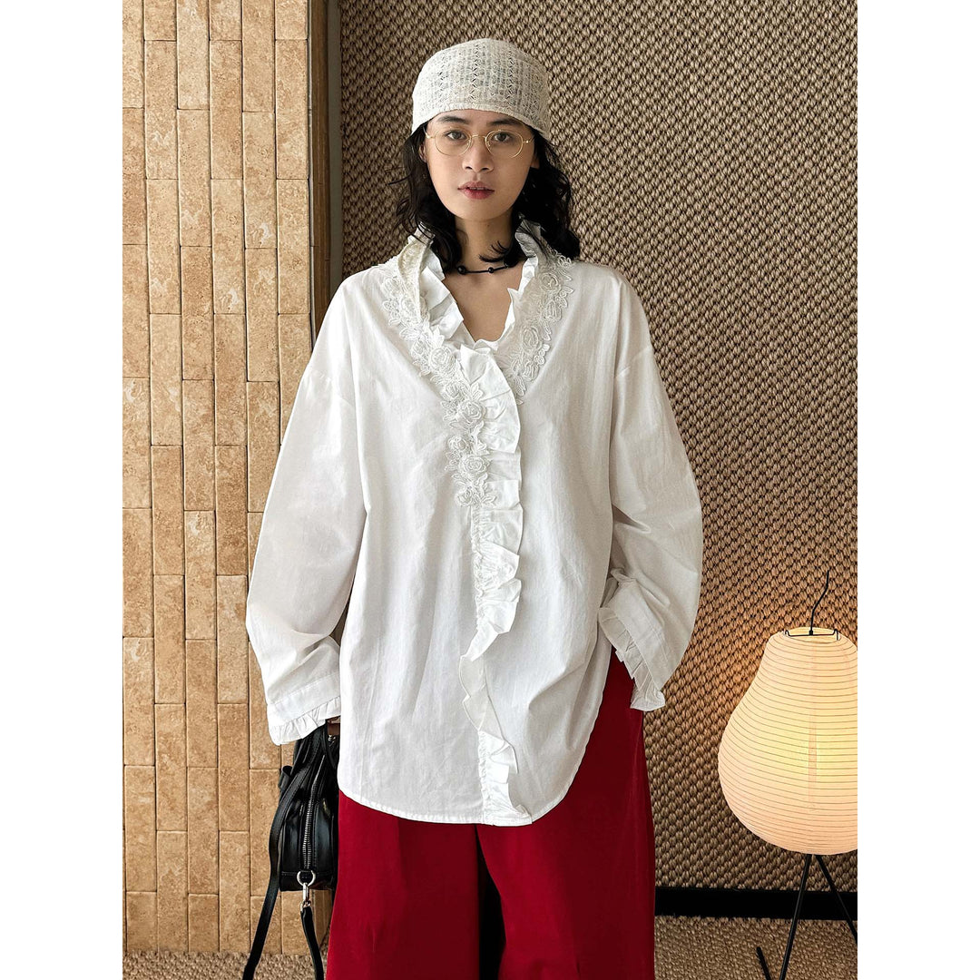 Women Oversize Blouse with Ruffle Trim and Lace Trim Mune Fashion