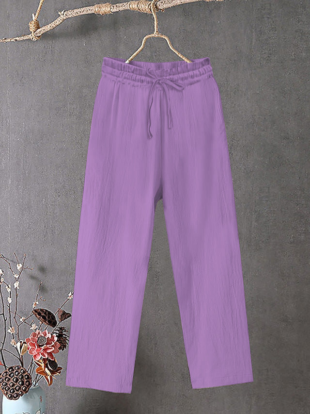 Ladies Crinkle Linen Blend Pants with Elastic Drawstring, Straight Leg and Casual Fit Mune Fashion