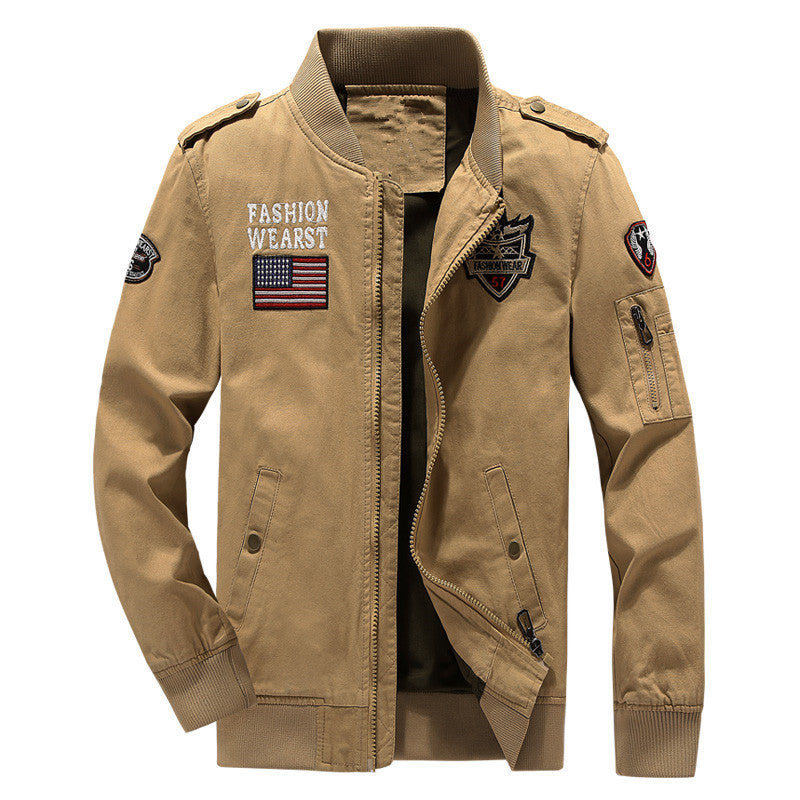 Men's Canvas-Field-Bomber Jacket with Embroidered Patches and Sleeve Utility Pocket Mune Fashion