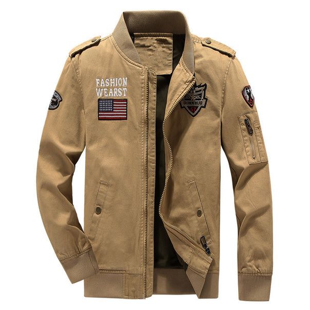 Men's Canvas-Field-Bomber Jacket with Embroidered Patches and Sleeve Utility Pocket Mune Fashion