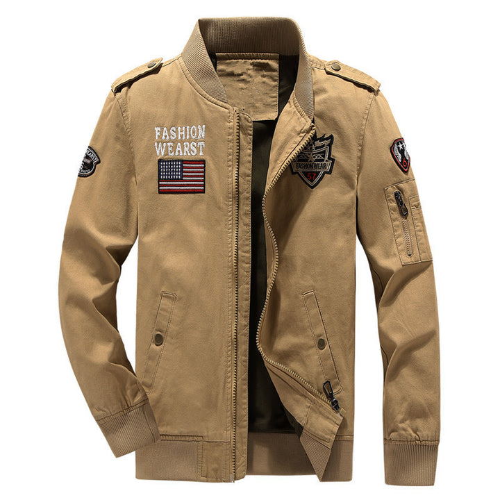 Men's Canvas-Field-Bomber Jacket with Embroidered Patches and Sleeve Utility Pocket Mune Fashion