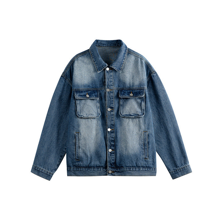 Men's Oversized Denim Jacket with Distressed Wash, Flap Chest Pockets and Button Closure Mune Fashion