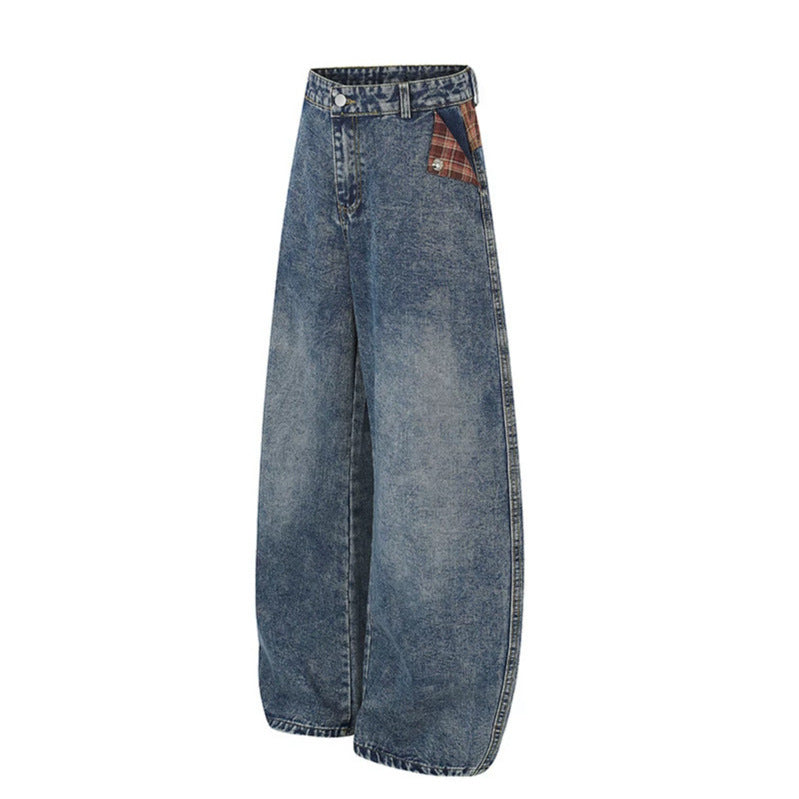 Women's Wide High-Waist Denim Culotte in Palazzo Style with Check Waistband and Vintage Wash Mune Fashion