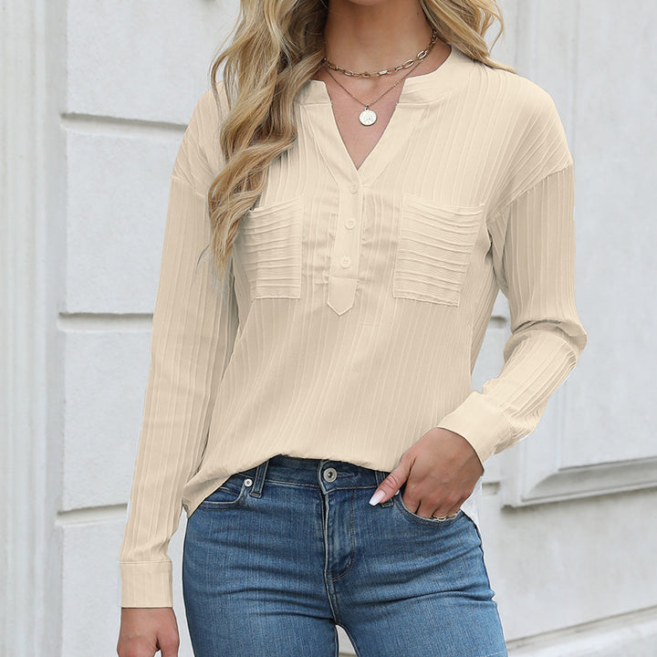 Ladies nan ribbed long sleeve blouse with V-neck, concealed button placket and patch chest pockets Mune Fashion