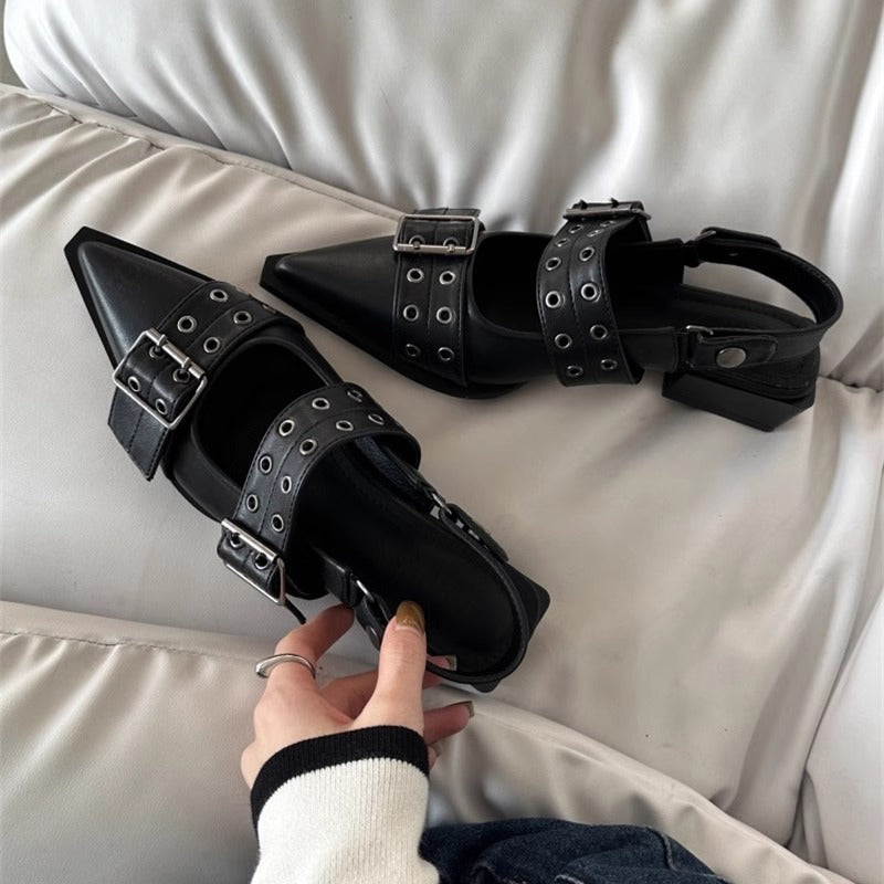 Women's pointed toe slingback flats with double eyelet straps and adjustable buckle Mune Fashion