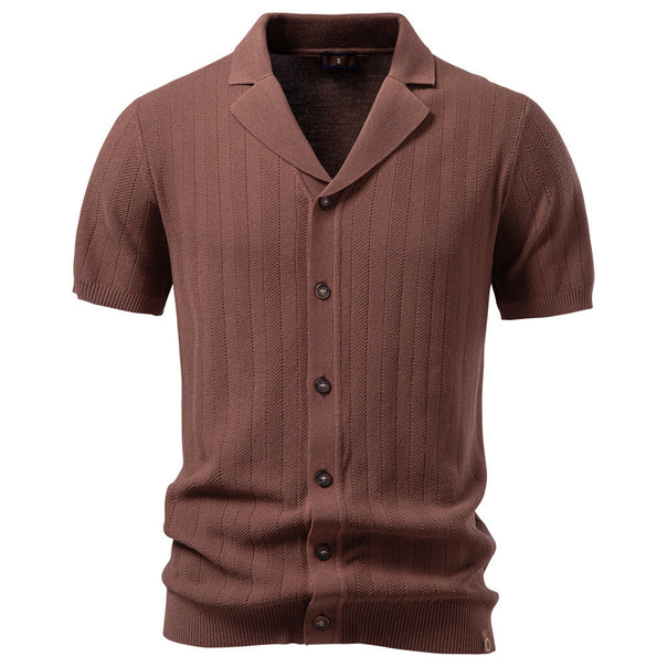 Men's short sleeve knitted cardigan with lapel collar and fine textured knit Mune Fashion