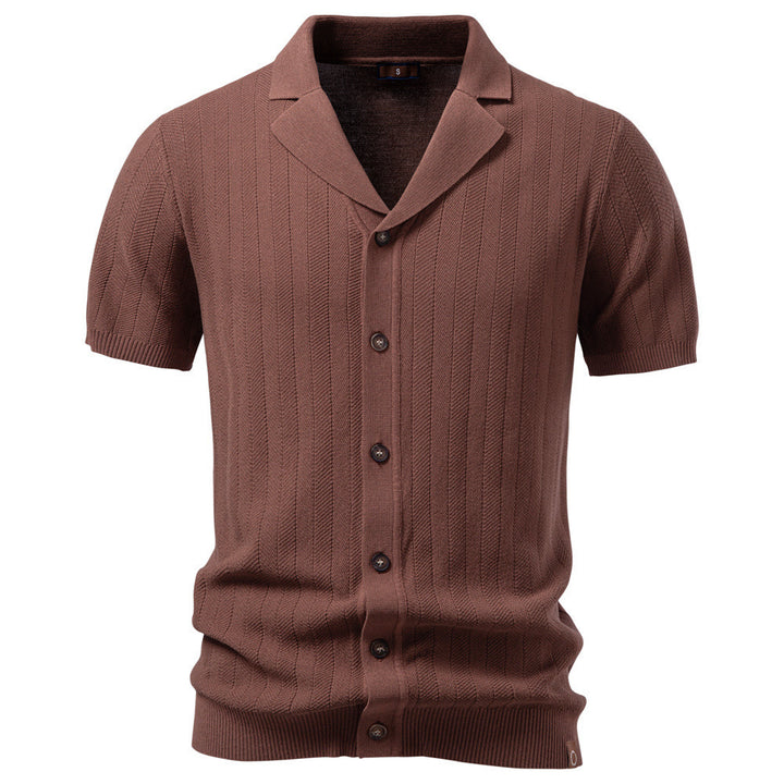 Men's short sleeve knitted cardigan with lapel collar and fine textured knit Mune Fashion