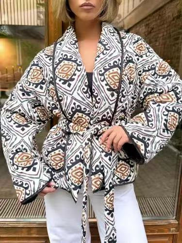Women's Quilted Kimono Jacket with Waist Belt and Ethno Pattern