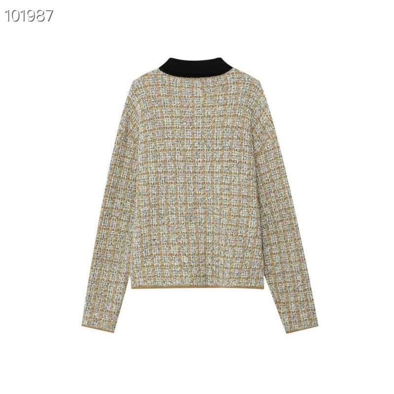Women's Fine Knit Polo with Tweed Look, Long Sleeve and Contrasting Collar Mune Fashion