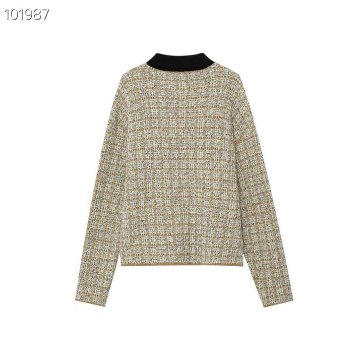 Women's Fine Knit Polo with Tweed Look, Long Sleeve and Contrasting Collar Mune Fashion