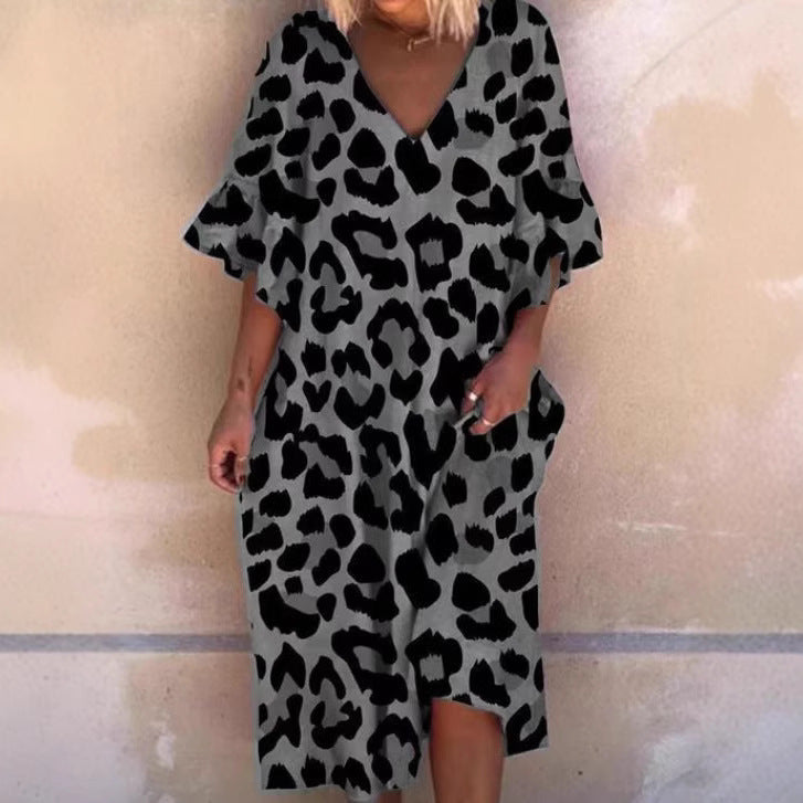 Ladies' casual midi dress in tunic style with V-neck, ruffled sleeves, and side pockets Mune Fashion