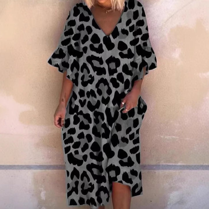 Ladies' casual midi dress in tunic style with V-neck, ruffled sleeves, and side pockets Mune Fashion