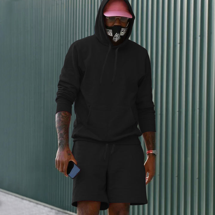 Men's two-piece leisure set hoodie and sweat shorts made of French Terry with kangaroo pocket and drawstring Mune Fashion