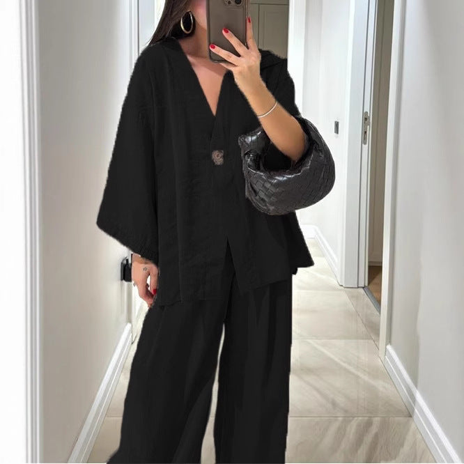 Women's relaxed two-piece linen set with kimono-style oversized jacket and wide palazzo pants Mune Fashion