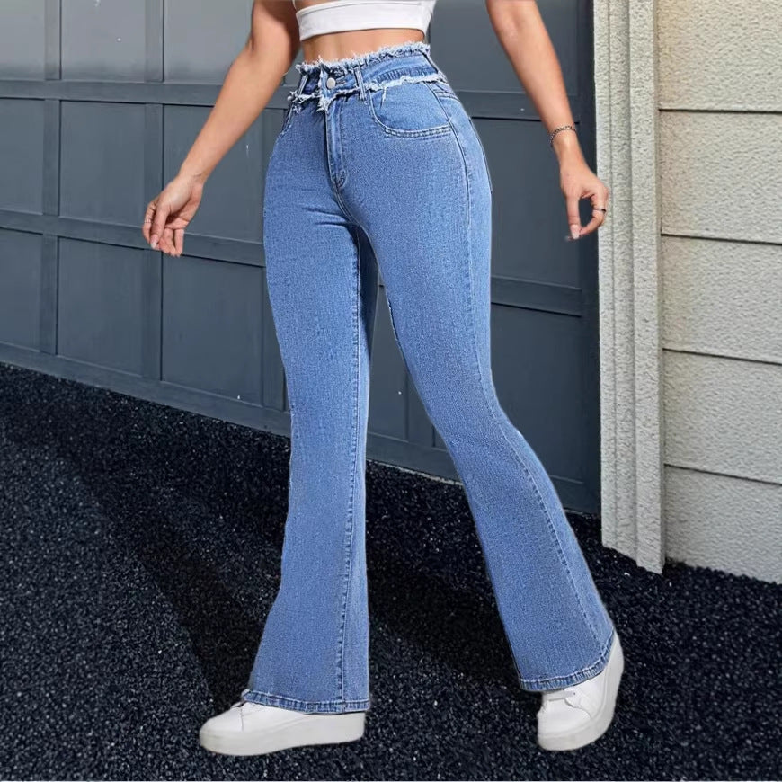 Women's High-Waisted Flared Jeans with Frayed Waistband and Center Stitch Mune Fashion