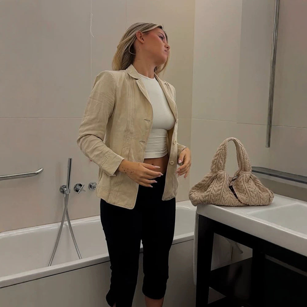 Women Lightweight Structured Linen Blazer with Relaxed Fit, One-Button Closure & Flap Pockets Mune Fashion