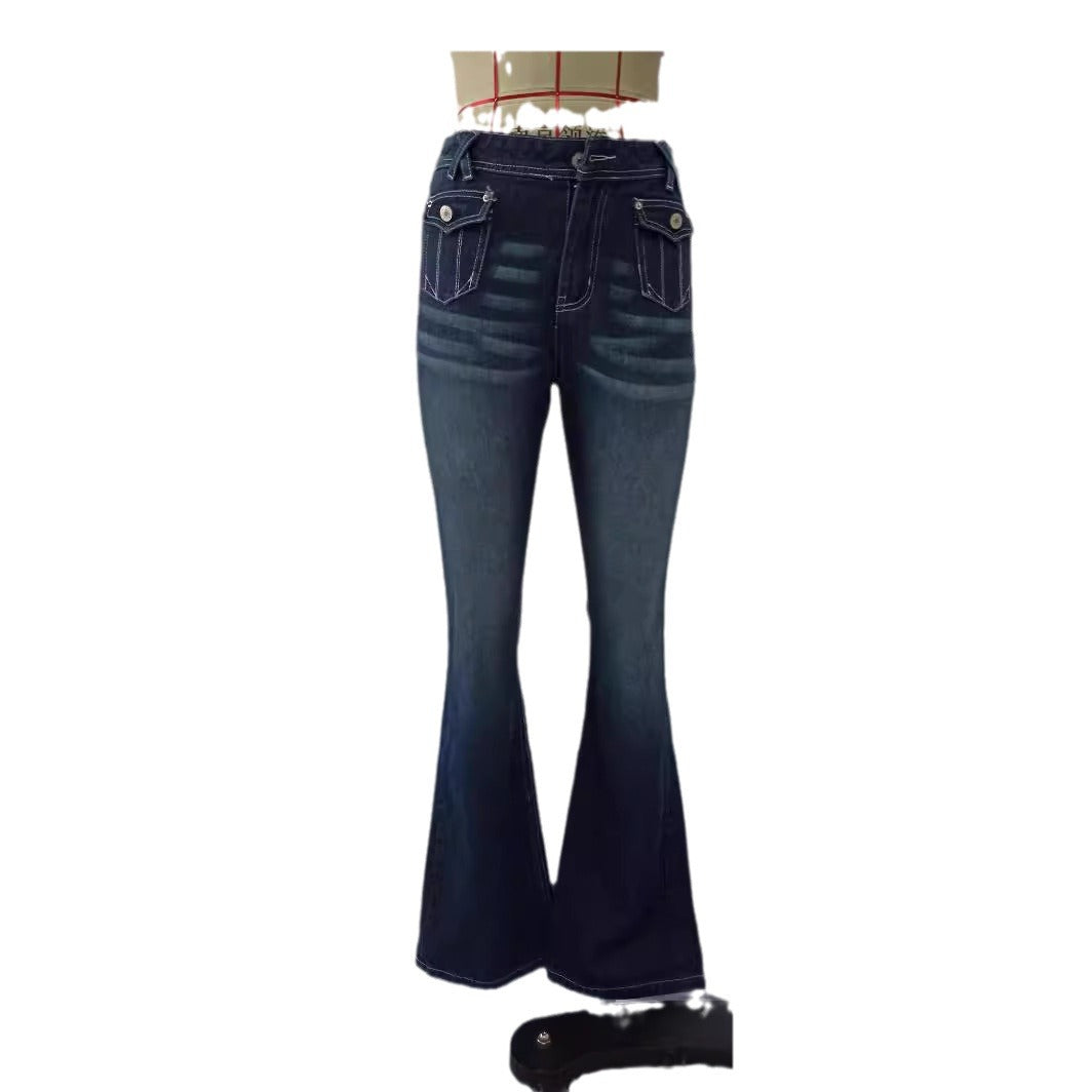Women's low-rise flared jeans with a wide leg, decorative metal chain, and classic five-pocket design Mune Fashion