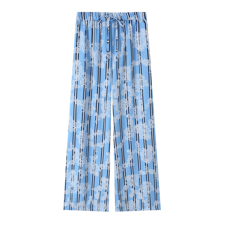 Ladies' wide Palazzo pants with elastic waistband, drawstring, and floral lace look Mune Fashion