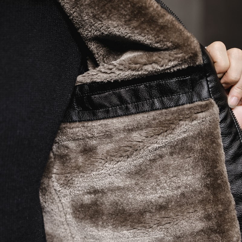 Men's Leather-Look Pilot Jacket with Teddy Collar and Concealed Zip Mune Fashion