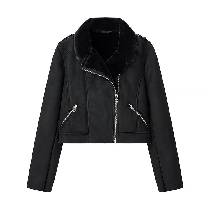 Women Short Biker Jacket with Faux Fur Collar and Suede Look Mune Fashion