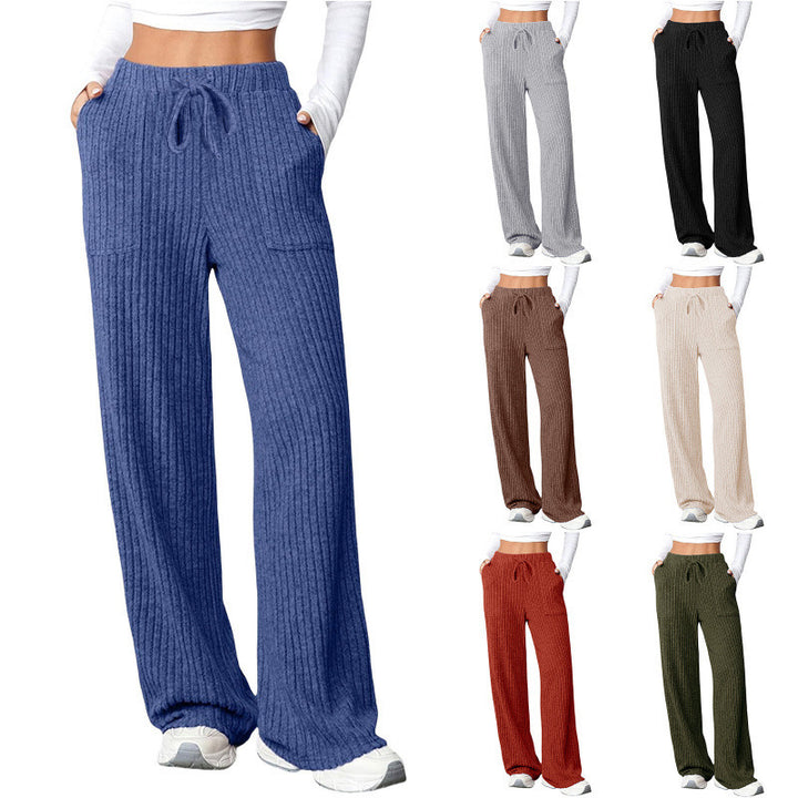 Ladies Wide Ribbed Lounge Pants with Drawstring and Patch Pockets Mune Fashion
