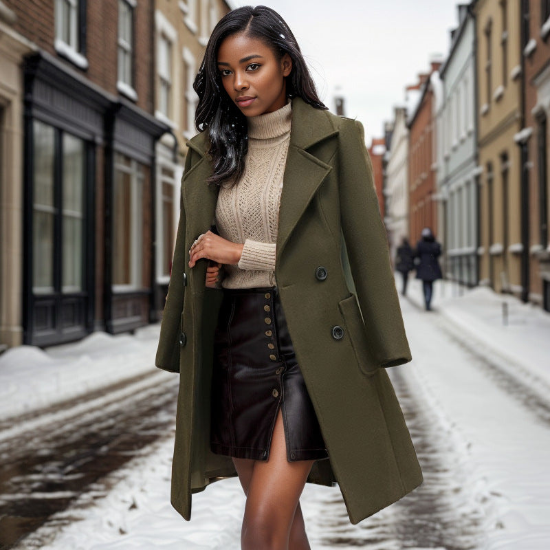 Women Long Chesterfield Coat made of Wool Blend with Tailored Fit and Side Pockets Mune Fashion