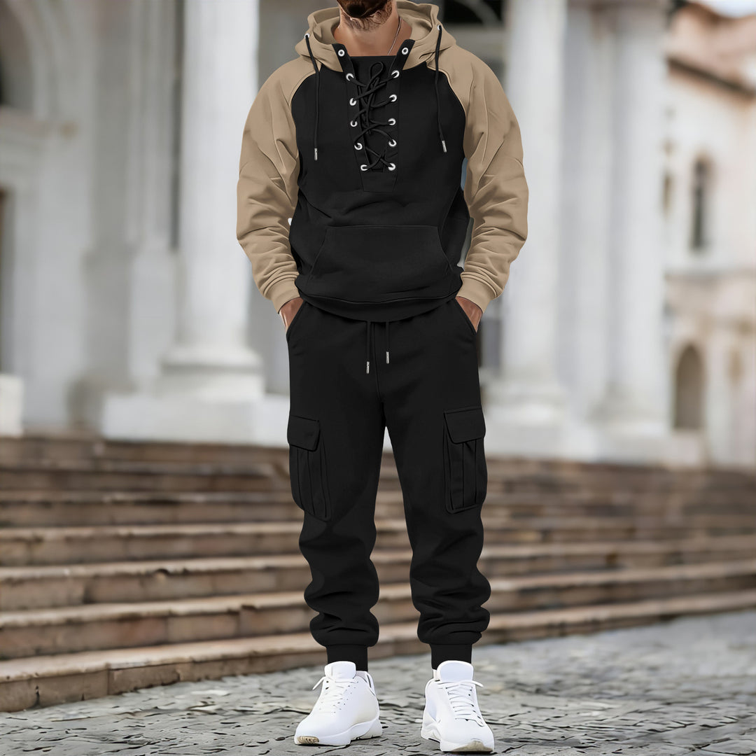 Men's hooded sweatshirt with front laced placket, raglan sleeves, and kangaroo pocket Mune Fashion
