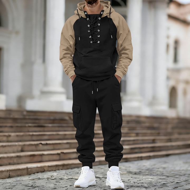 Men's hooded sweatshirt with front laced placket, raglan sleeves, and kangaroo pocket Mune Fashion
